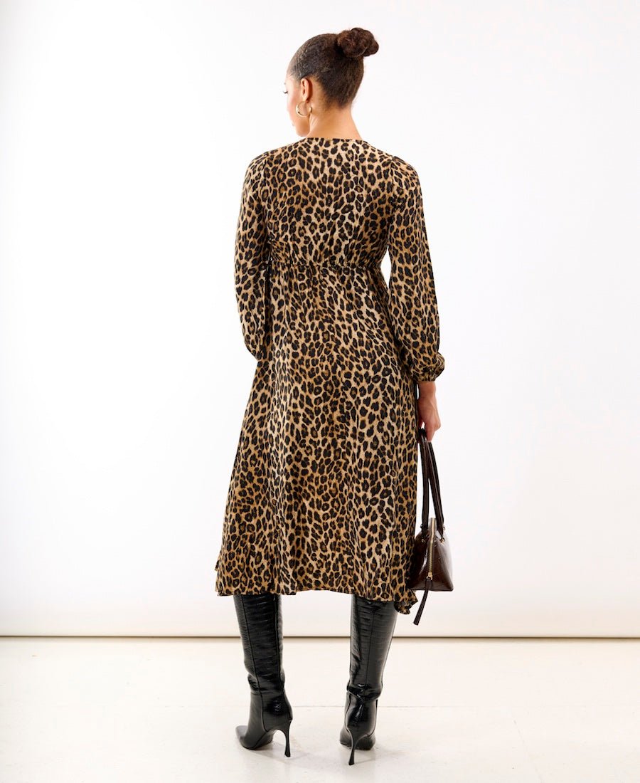 Brown Animal Printed Long Sleeve Midi Dress - Popular trends empire