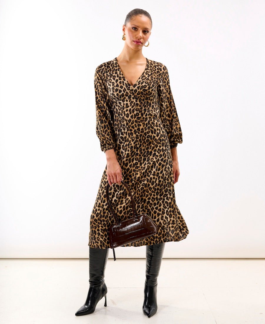 Brown Animal Printed Long Sleeve Midi Dress - Popular trends empire