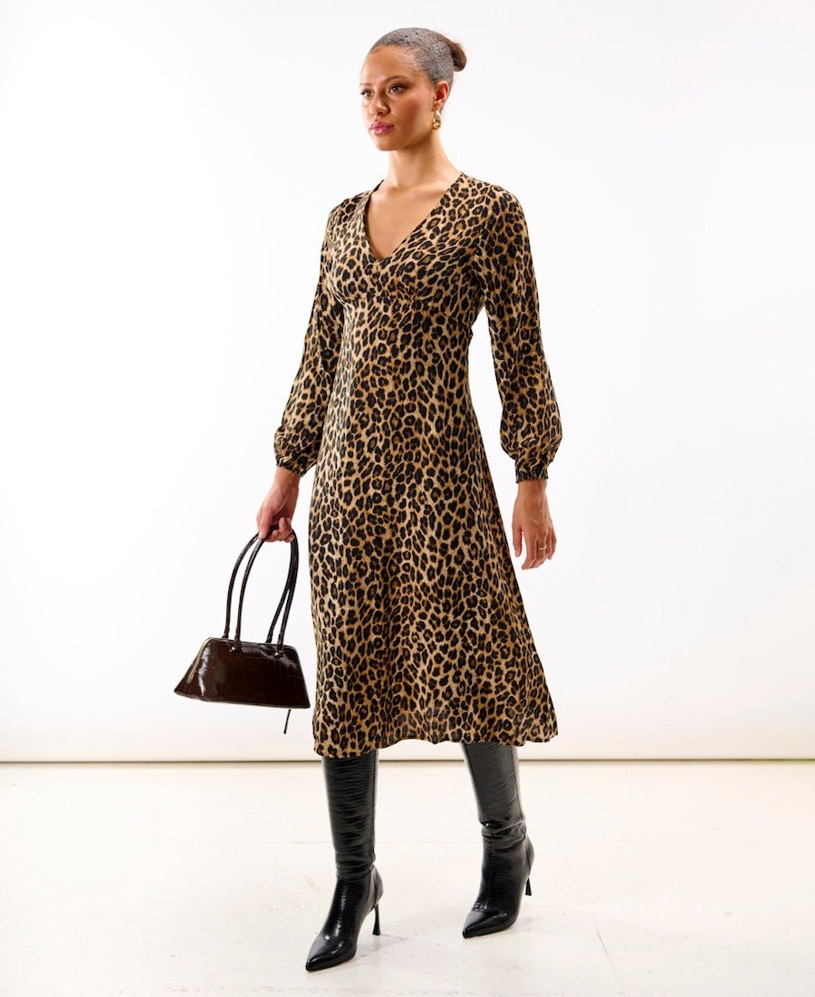 Brown Animal Printed Long Sleeve Midi Dress - Popular trends empire