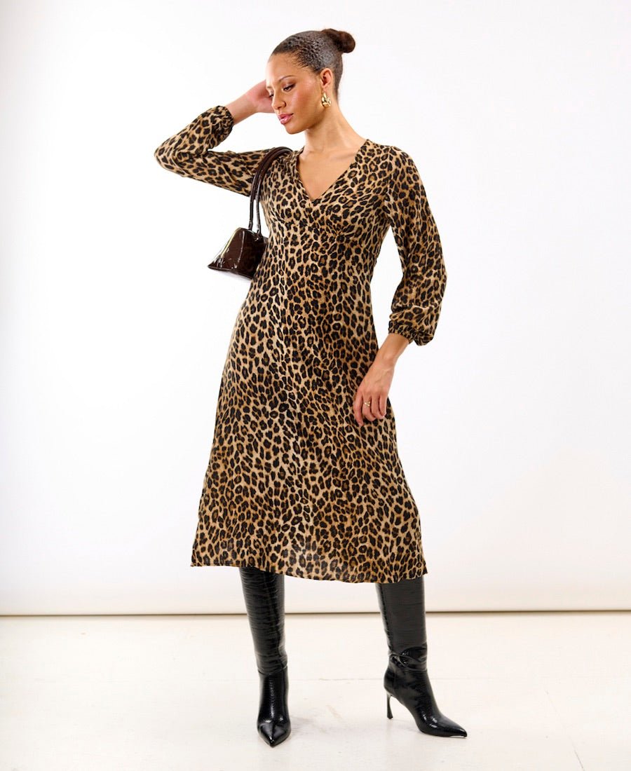 Brown Animal Printed Long Sleeve Midi Dress - Popular trends empire