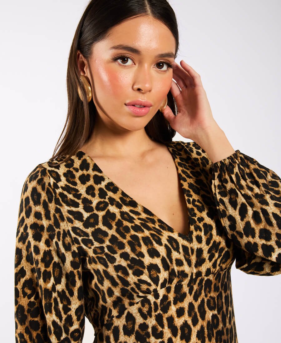 Brown Animal Printed Long Sleeve Midi Dress - Popular trends empire