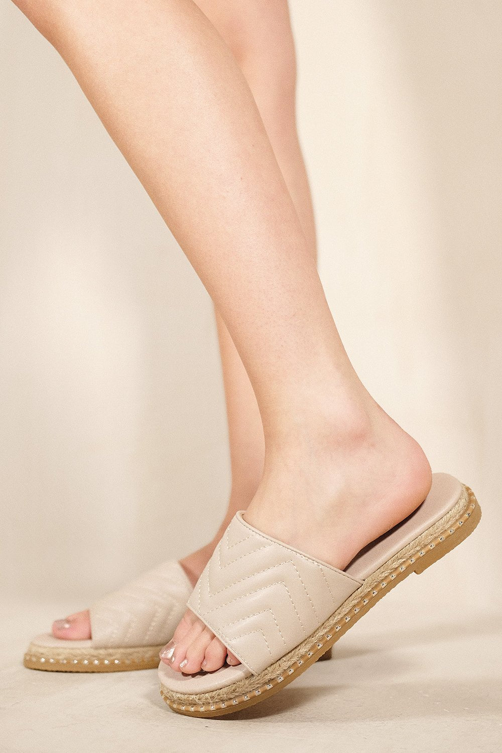 CARMELLA ESPADRILLE FLAT MULES WITH ZIG ZAG STITCH DETAILS IN NUDE FAUX LEATHER - Popular trends empire