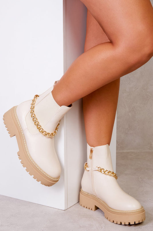 CASSANDRA PU CHUNKY CHELSEA ANKLE BOOTS WITH A DRIP CHAIN IN IVORY CREAM FAUX LEATHER - Popular trends empire