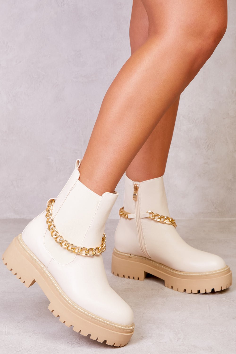 CASSANDRA PU CHUNKY CHELSEA ANKLE BOOTS WITH A DRIP CHAIN IN IVORY CREAM FAUX LEATHER - Popular trends empire