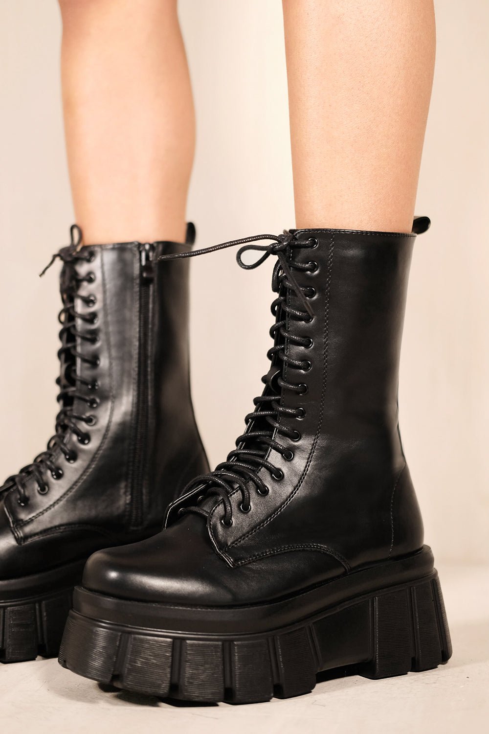 CECILIA CHUNKY SOLE PLATFORM LACE UP ANKLE BOOTS IN BLACK FAUX LEATHER - Popular trends empire