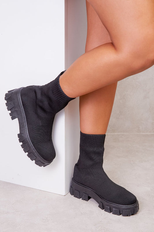 CHELSEA CHUNKY BOOT WITH KNITTED SOCK IN BLACK - Popular trends empire