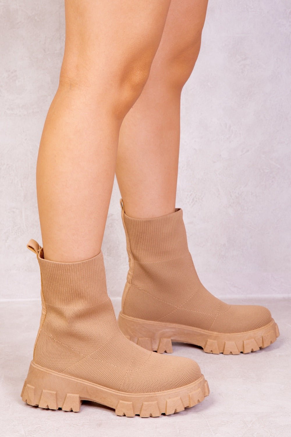 CHELSEA CHUNKY BOOT WITH KNITTED SOCK IN CAMEL - Popular trends empire