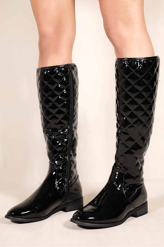 CLOUD QUILTED CALF BOOTS WITH DIAMOND DETAILING IN BLACK PATENT FAUX LEATHER - Popular trends empire
