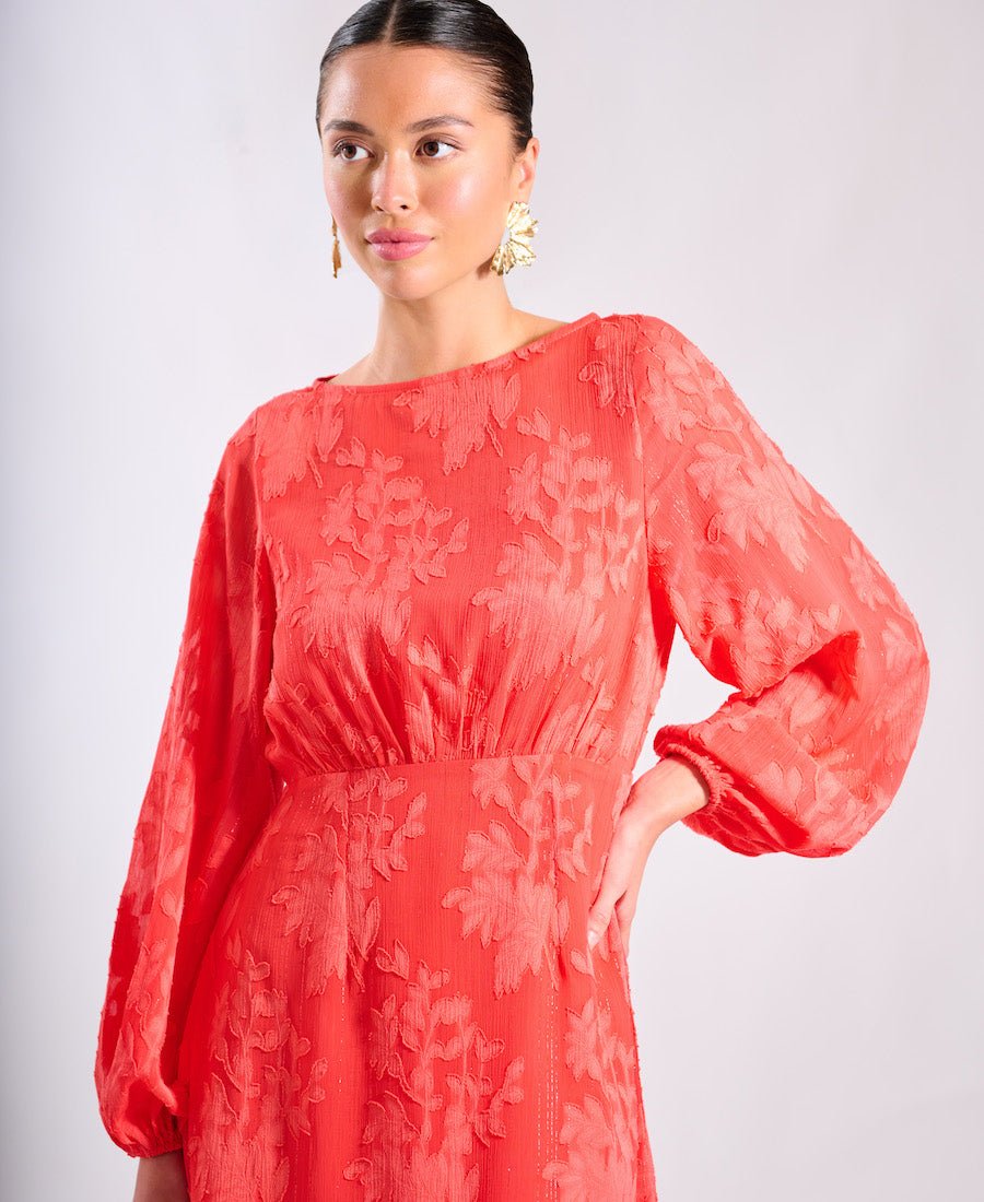 Coral Long Sleeve Jacquard Midi Dress - Popular trends empire