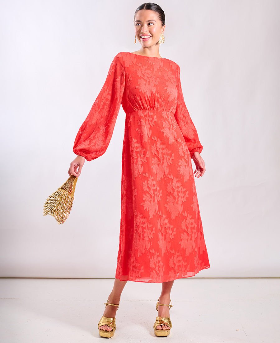 Coral Long Sleeve Jacquard Midi Dress - Popular trends empire
