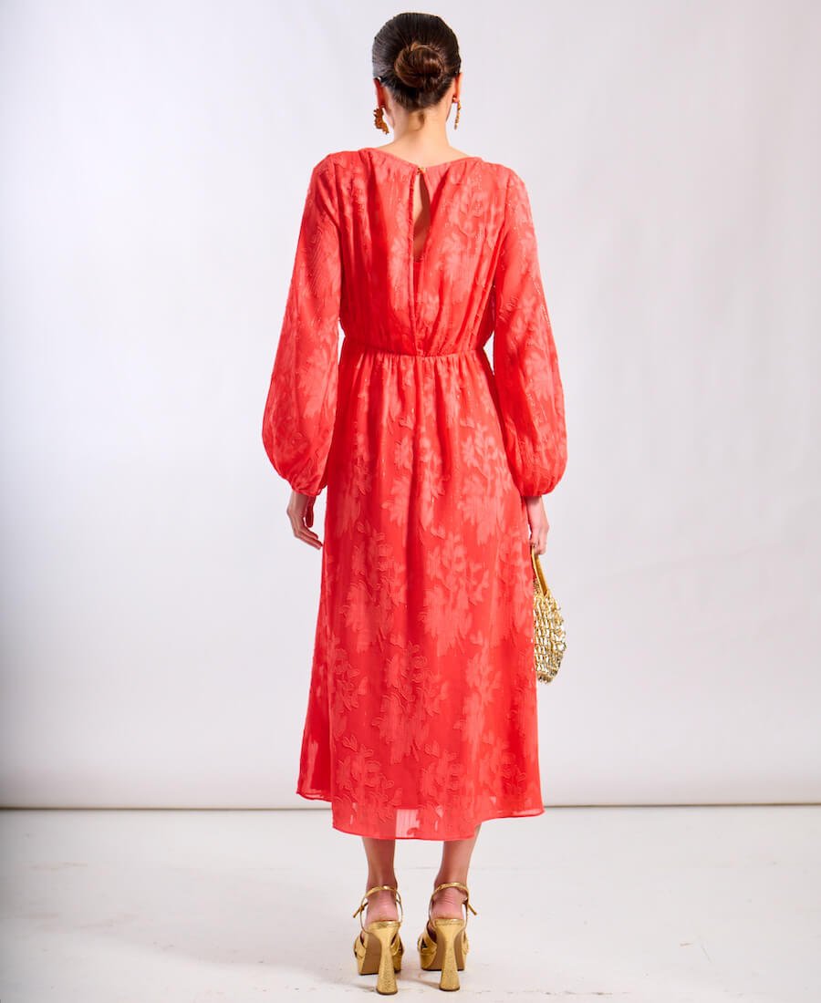 Coral Long Sleeve Jacquard Midi Dress - Popular trends empire