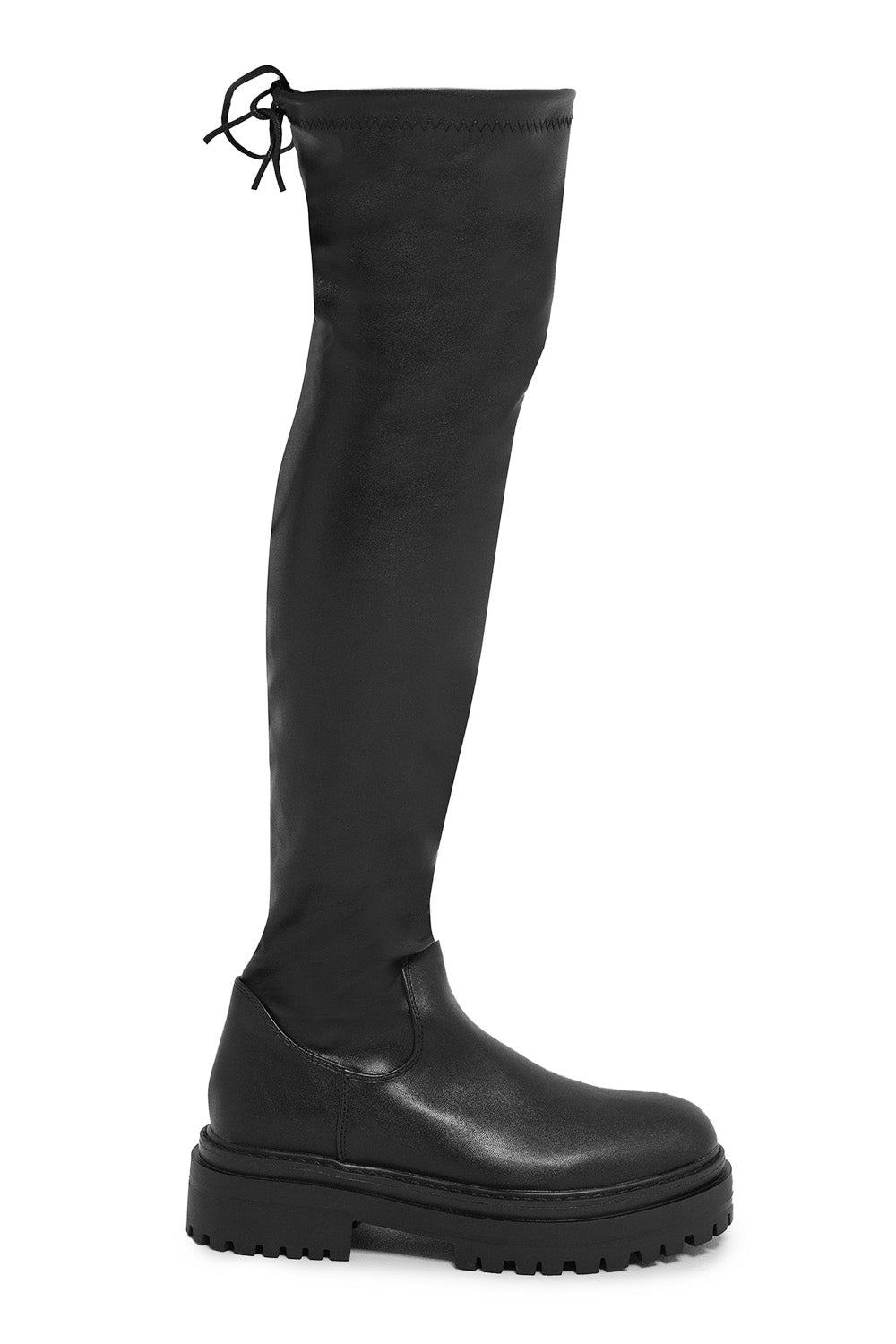 DAWN CHUNKY OVER THE KNEE BOOT WITH LACE DETAIL IN BLACK FAUX LEATHER - Popular trends empire