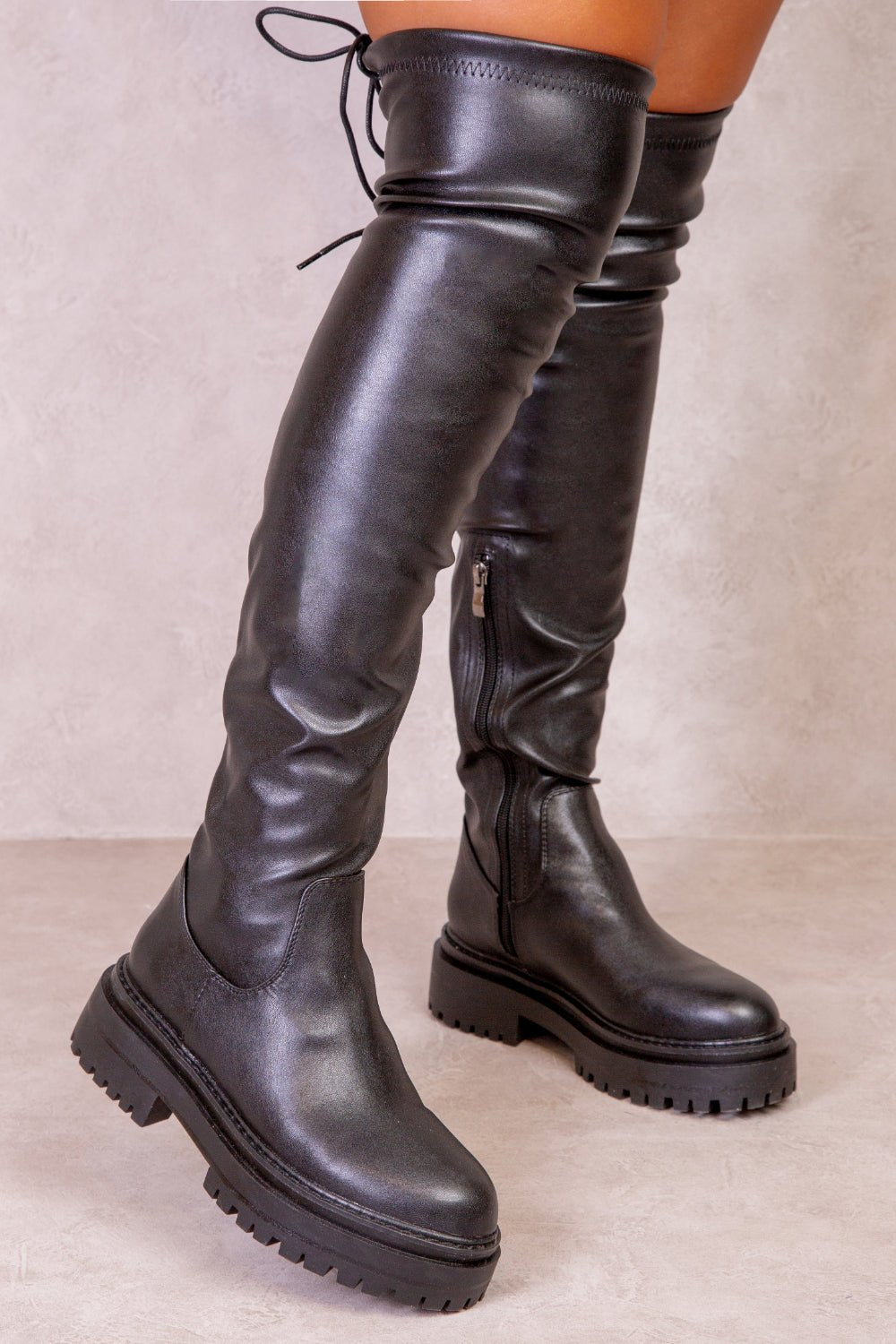 DAWN CHUNKY OVER THE KNEE BOOT WITH LACE DETAIL IN BLACK FAUX LEATHER - Popular trends empire