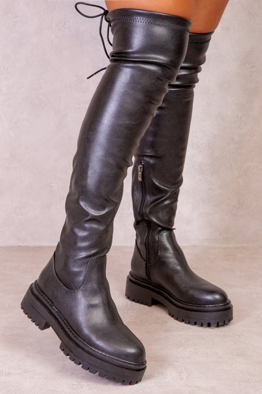 DAWN CHUNKY OVER THE KNEE BOOT WITH LACE DETAIL IN BLACK FAUX LEATHER - Popular trends empire