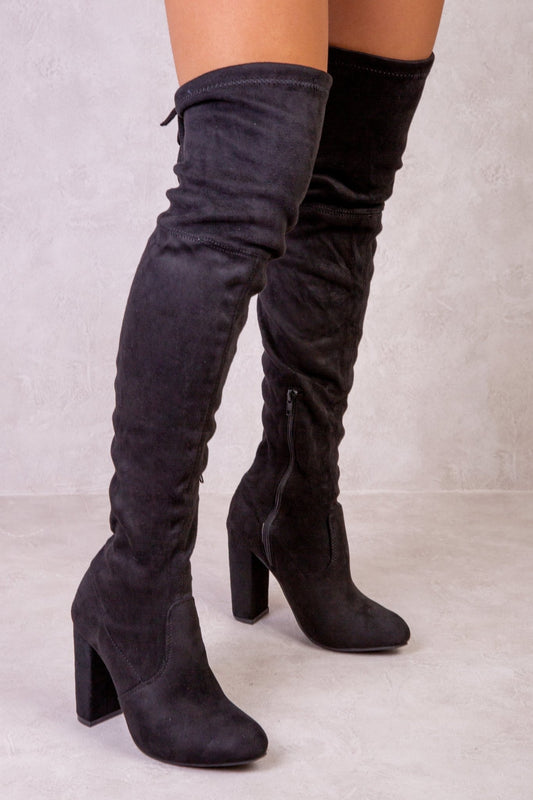 DIANE HIGH HEEL OVER THE KNEE BOOT WITH LACE UP DETAIL IN BLACK SUEDE - Popular trends empire