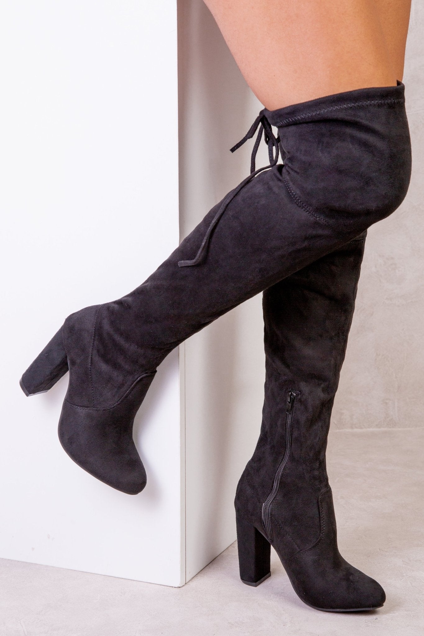 DIANE HIGH HEEL OVER THE KNEE BOOT WITH LACE UP DETAIL IN BLACK SUEDE - Popular trends empire
