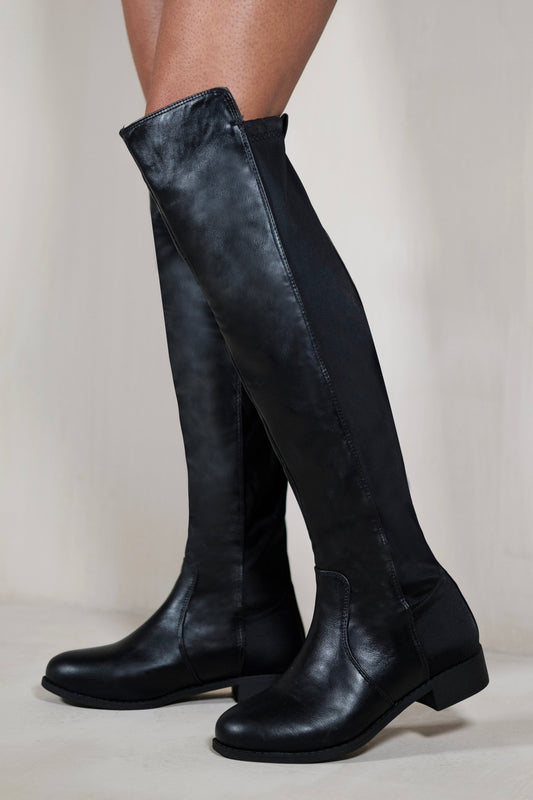 DIEM OVER THE KNEE PULL ON BOOTS WITH LOW HEEL IN BLACK FAUX LEATHER - Popular trends empire