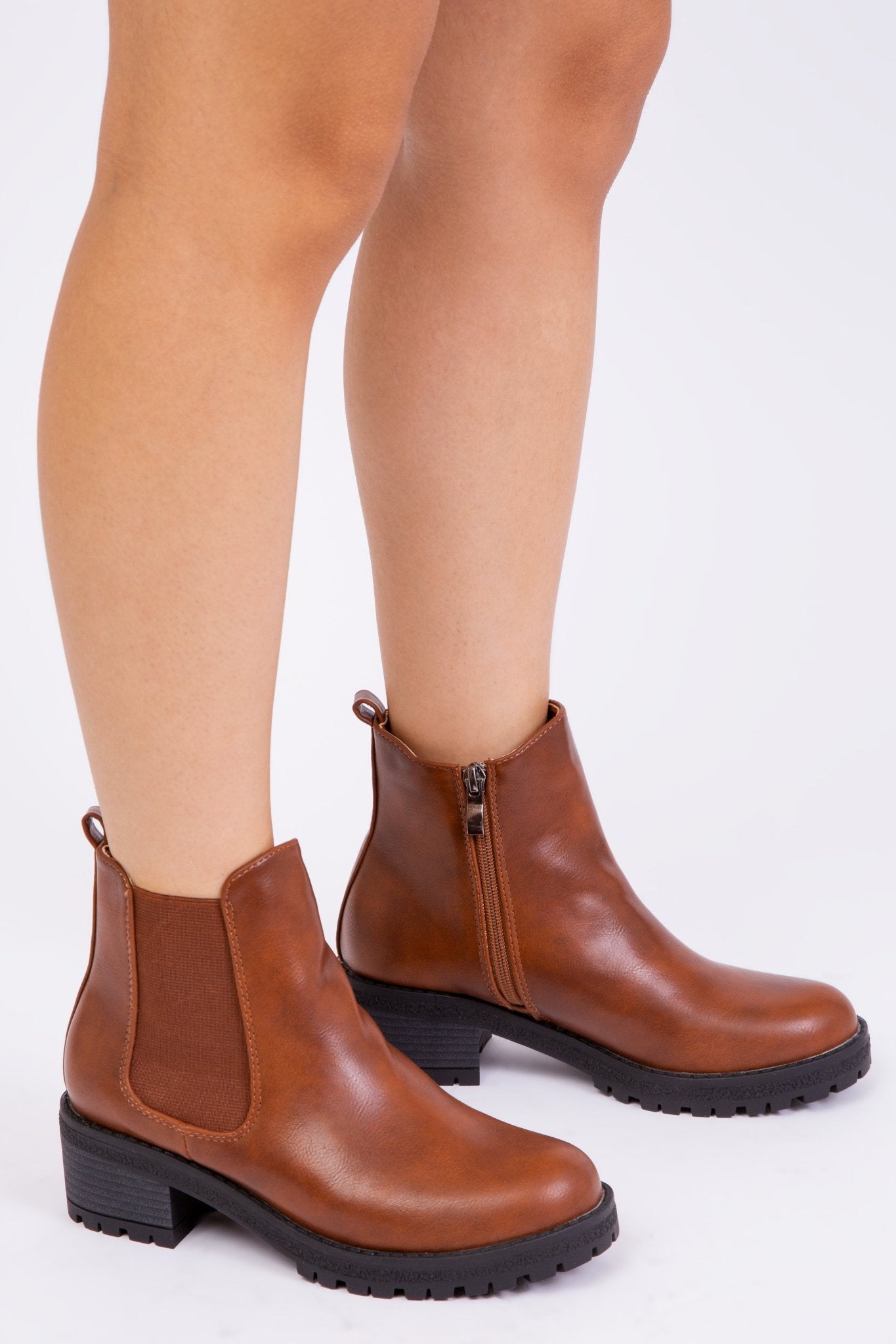 DINAH PULL ON CHELSEA BOOTS IN TAN FAUX LEATHER - Popular trends empire