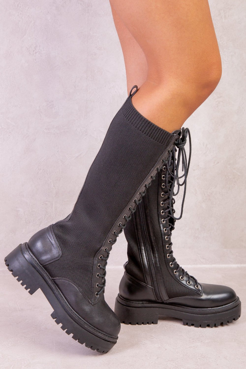 DYANNA KNITTED PANEL LACE UP CALF BOOTS IN BLACK FAUX LEATHER - Popular trends empire