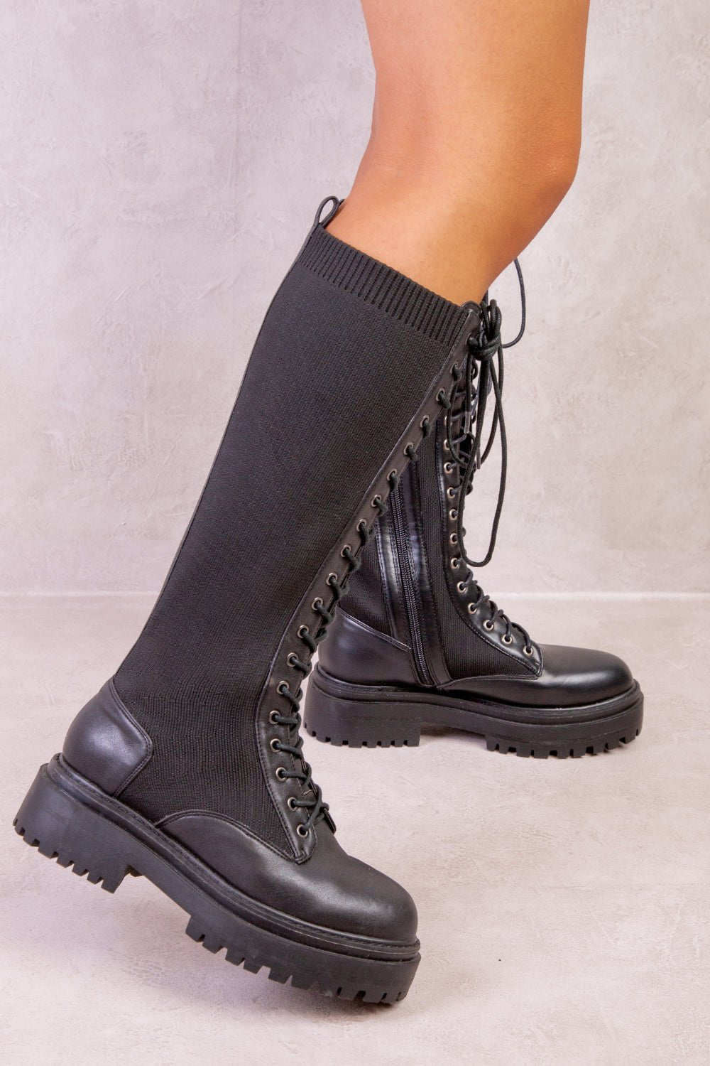 DYANNA KNITTED PANEL LACE UP CALF BOOTS IN BLACK FAUX LEATHER - Popular trends empire