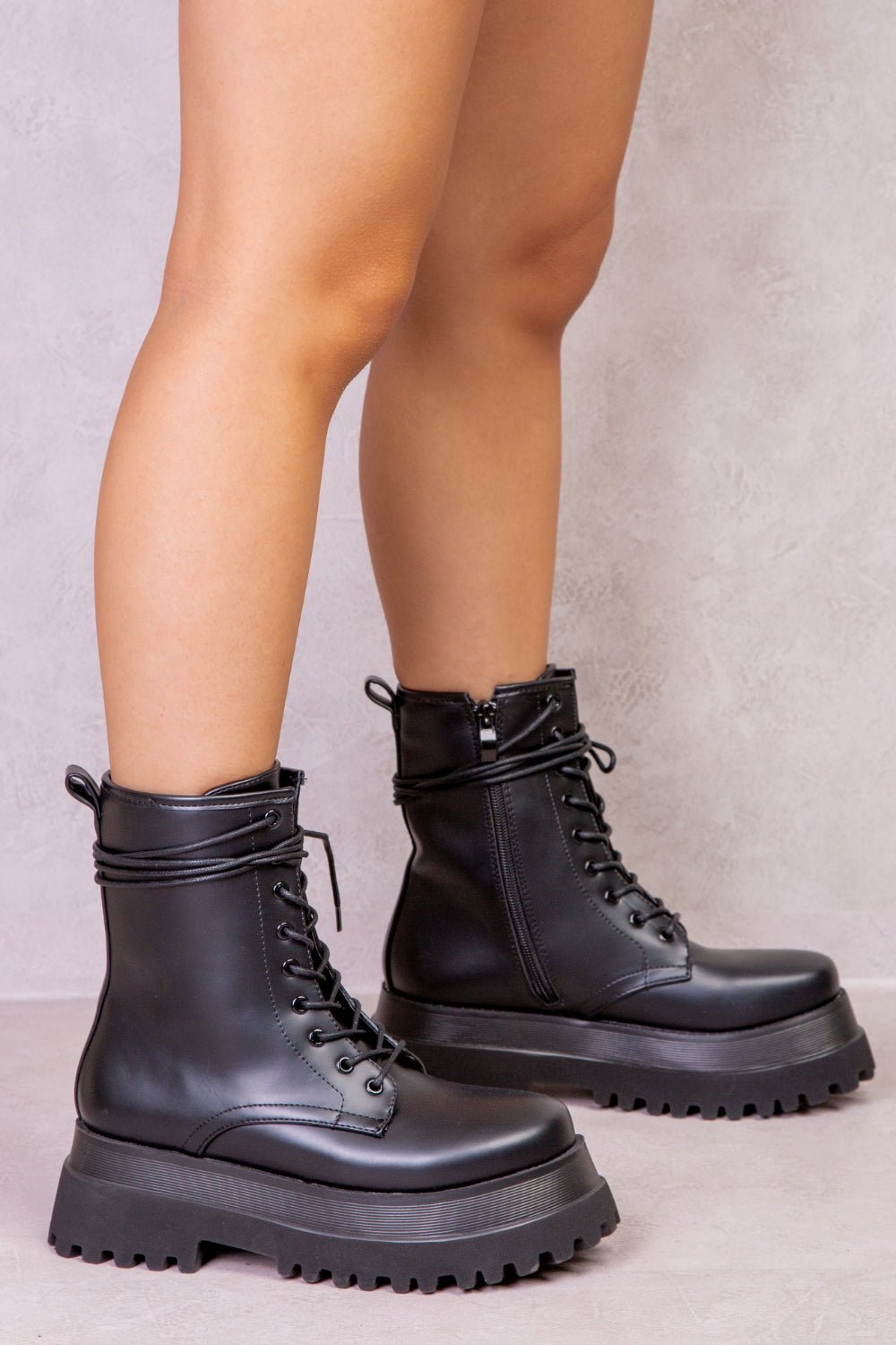 ELISA CHUNKY STACKED PLATFORM LACE UP ANKLE BOOTS IN BLACK FAUX LEATHER - Popular trends empire
