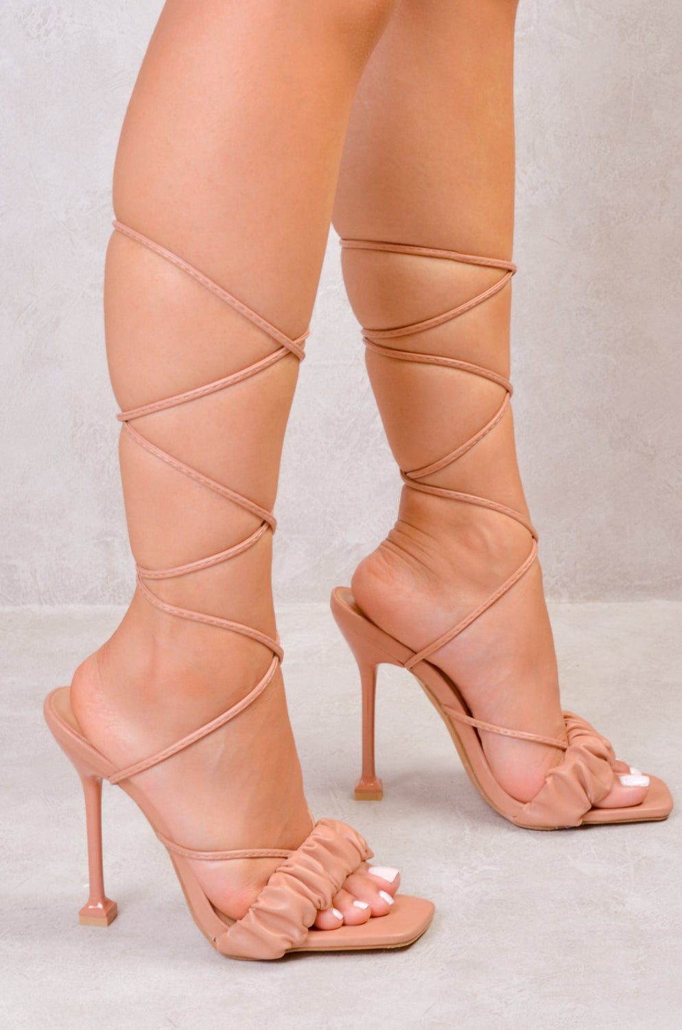 ELLA LACE UP RUCHED STRAP HEELS IN ROSE PINK FAUX LEATHER - Popular trends empire