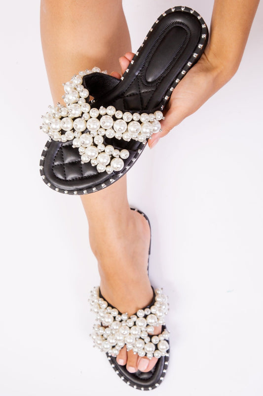 EVE PEARL EMBELLLISHED FLAT SLIDER SANDALS IN BLACK - Popular trends empire