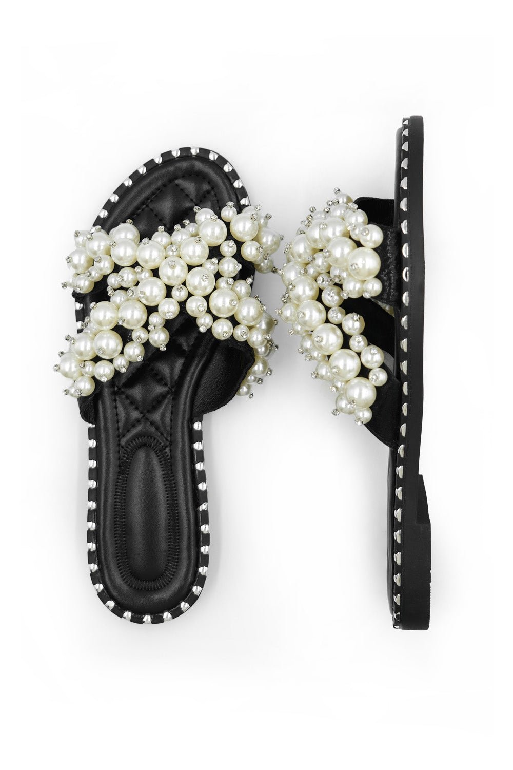 EVE PEARL EMBELLLISHED FLAT SLIDER SANDALS IN BLACK - Popular trends empire