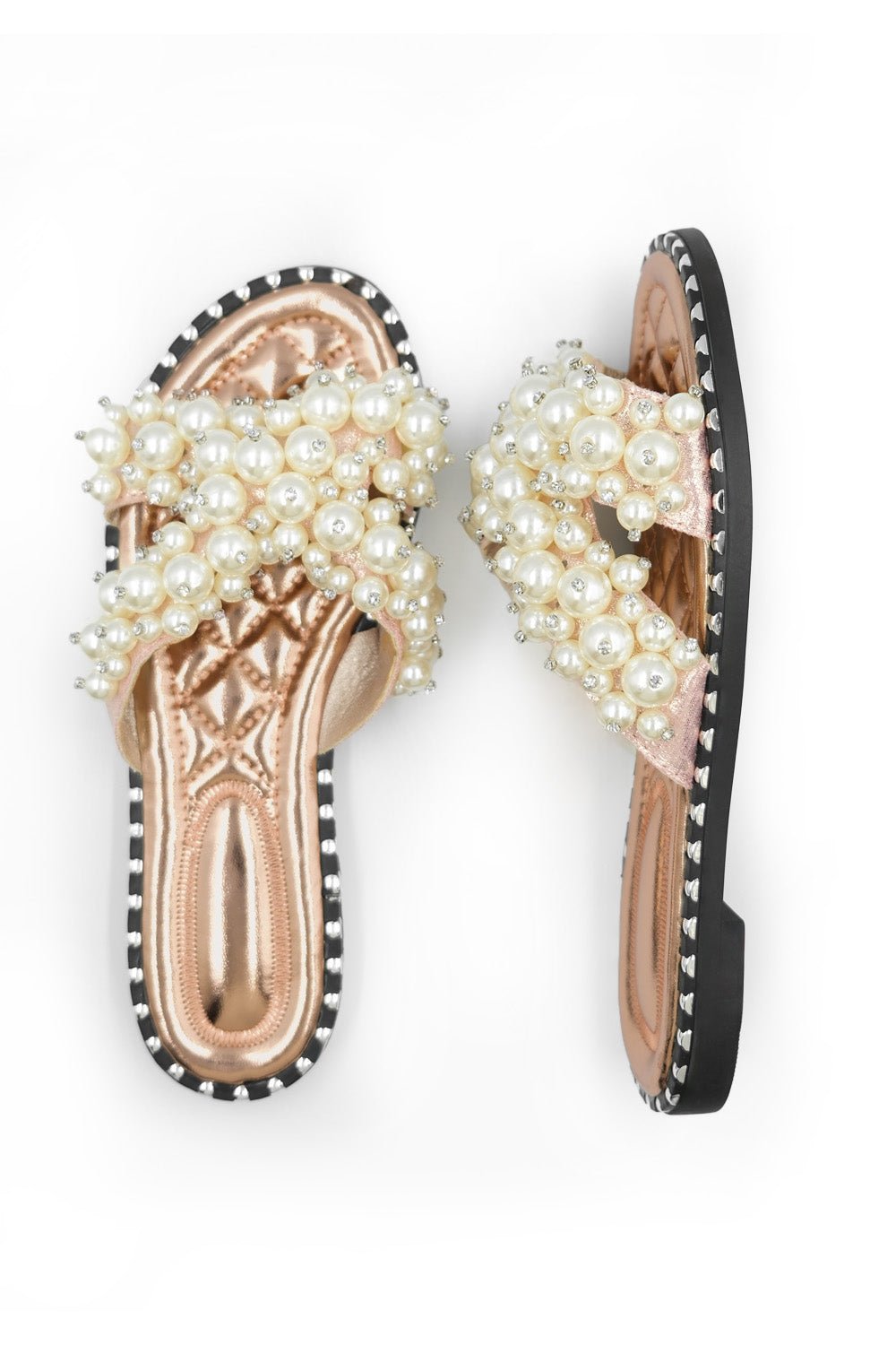EVE PEARL EMBELLLISHED FLAT SLIDER SANDALS IN ROSE GOLD - Popular trends empire