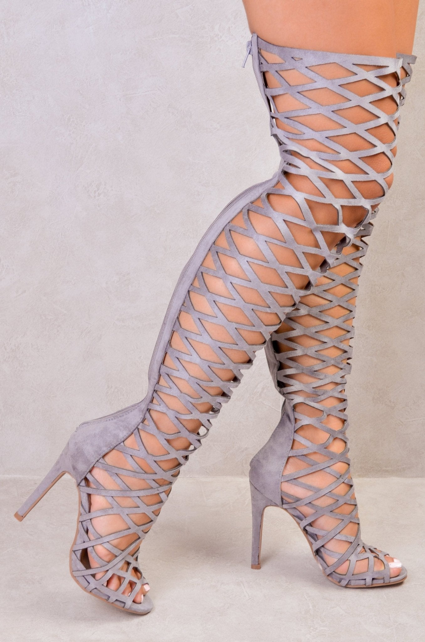 FAZIE CUT OUT OVER THE KNEE BOOTS WITH STILLETTO HEEL IN GREY SUEDE - Popular trends empire