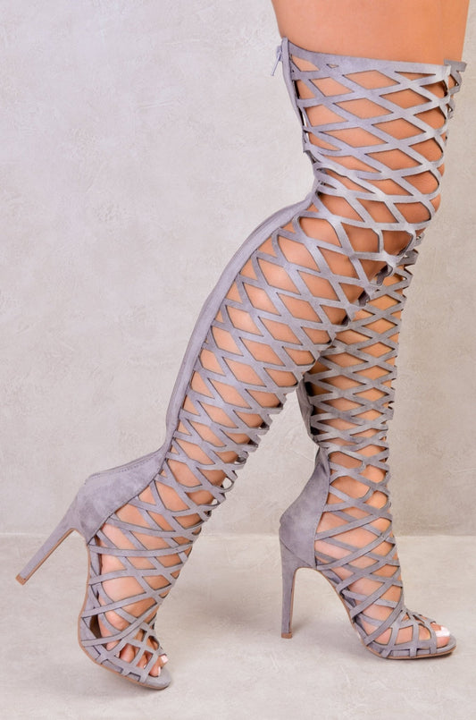 FAZIE CUT OUT OVER THE KNEE BOOTS WITH STILLETTO HEEL IN GREY SUEDE - Popular trends empire