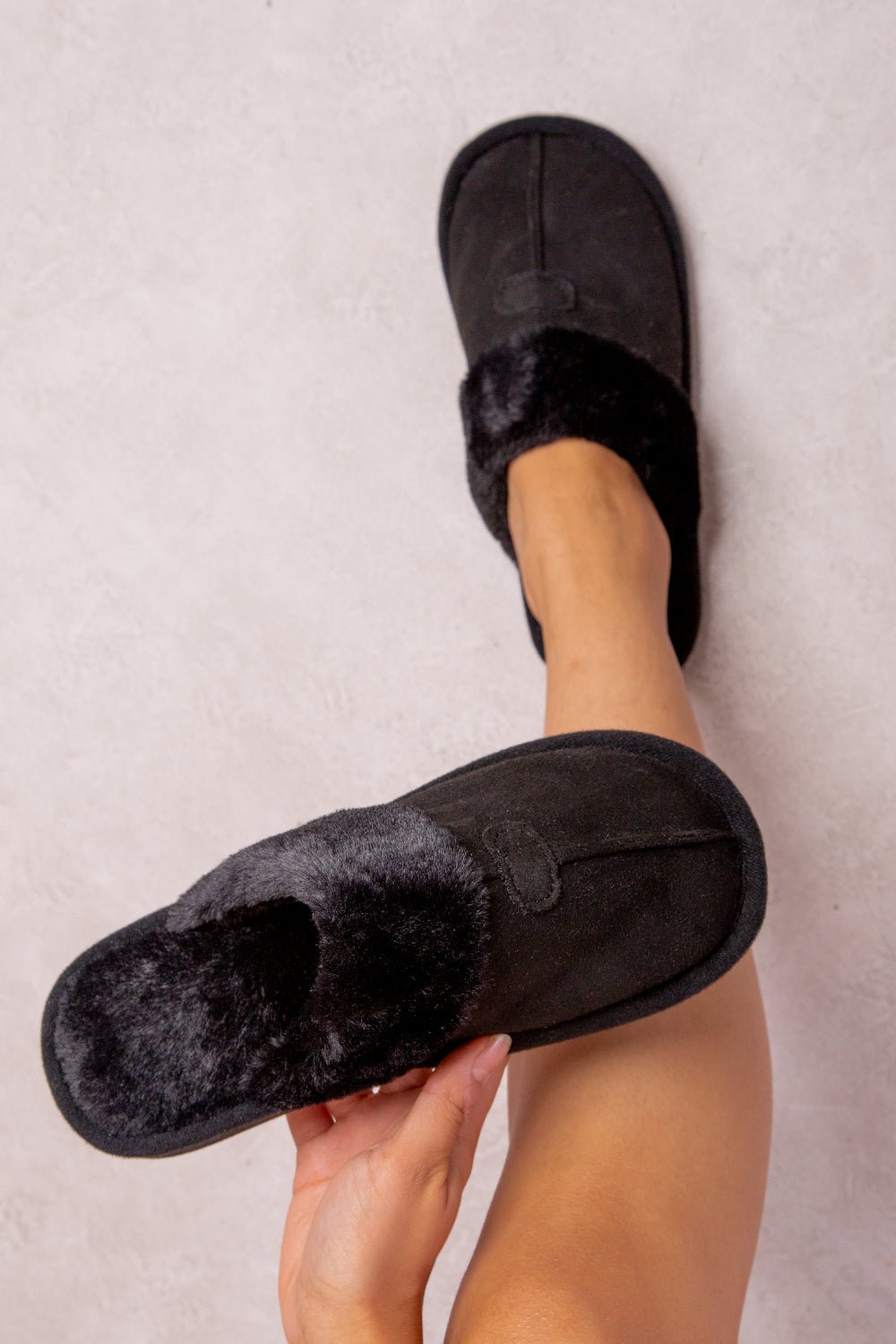 FELICITY SLIP ON TEDDY FAUX FUR LINED SLIPPERS IN BLACK SUEDE - Popular trends empire