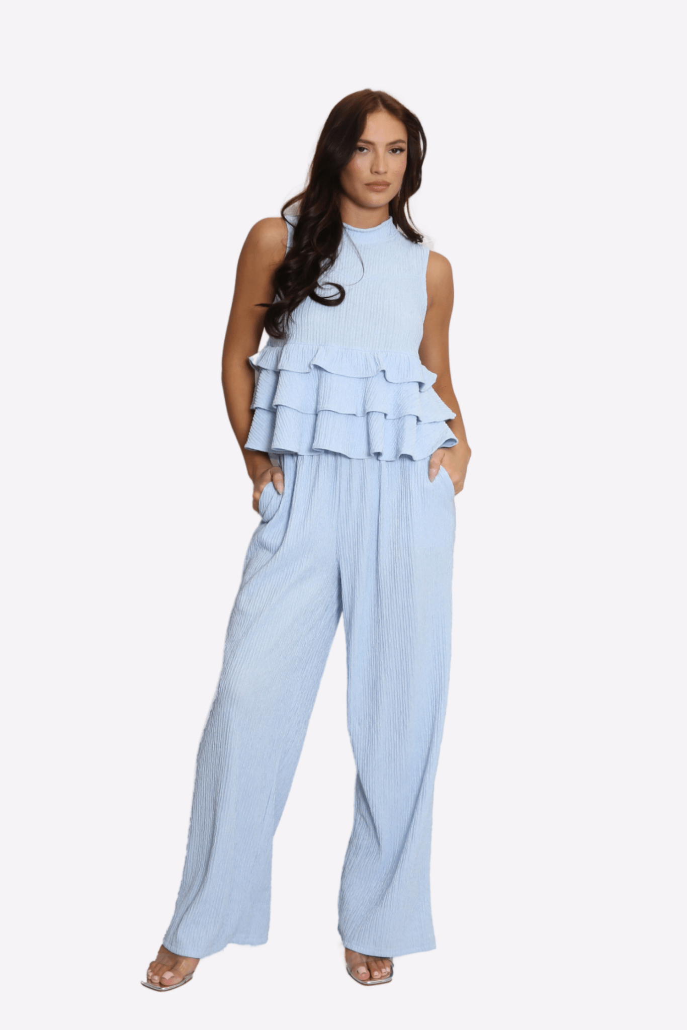 High Neck Frill Blouse & Flared Pants Co - ord Set - Popular trends empire