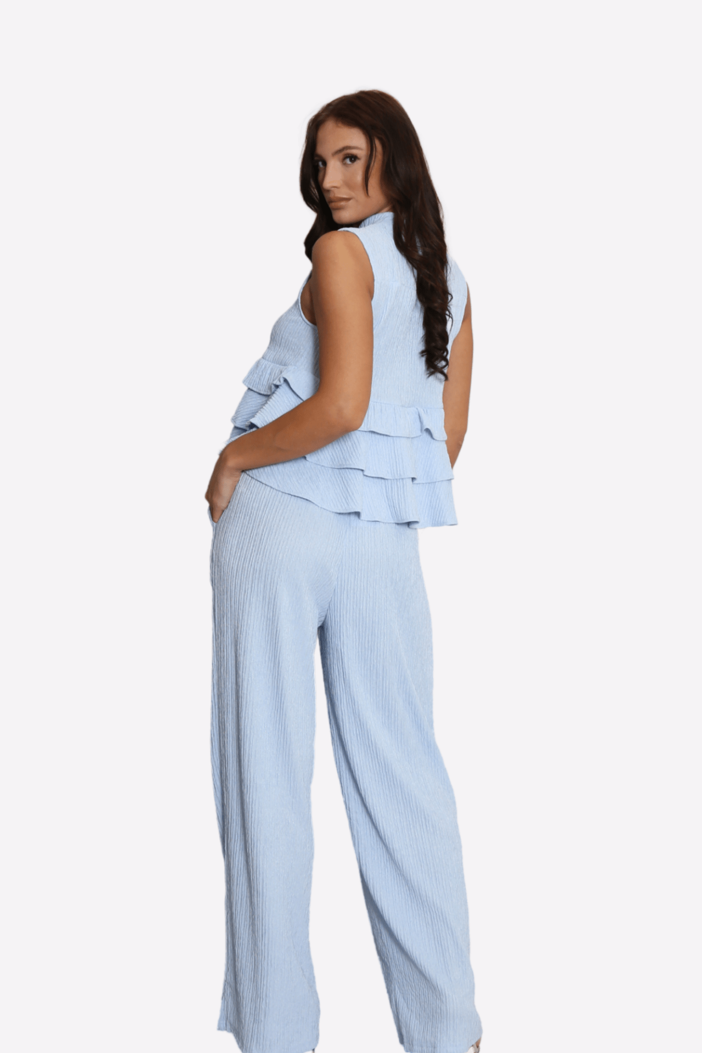 High Neck Frill Blouse & Flared Pants Co - ord Set - Popular trends empire