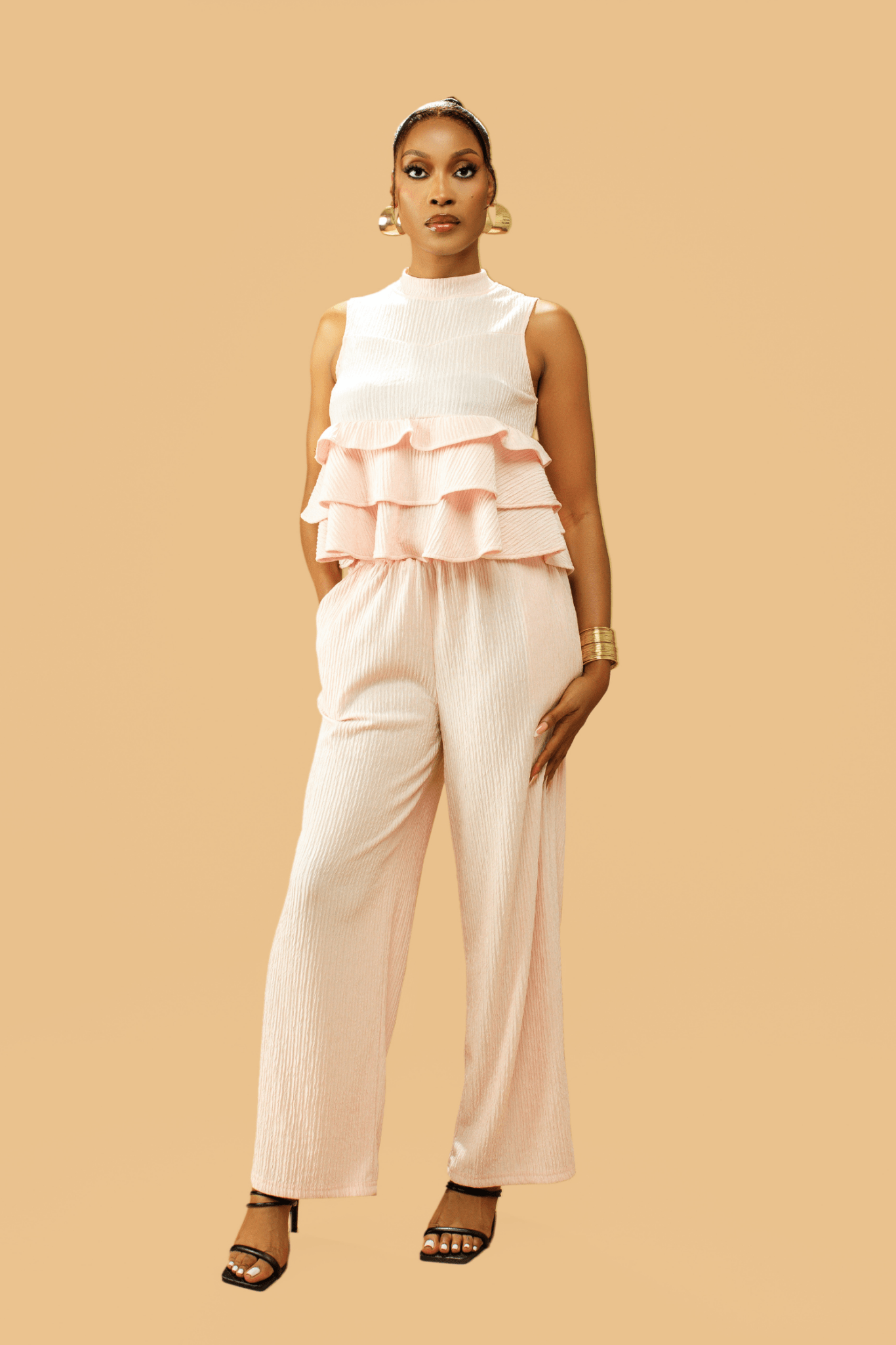 High Neck Frill Blouse & Flared Pants Co - ord Set - Popular trends empire