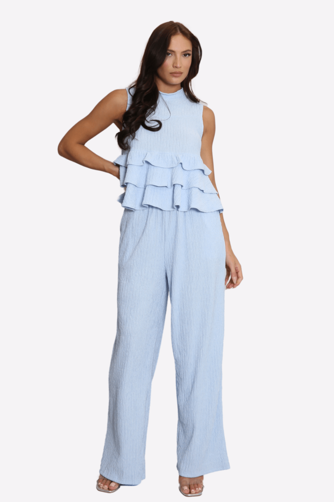High Neck Frill Blouse & Flared Pants Co - ord Set - Popular trends empire
