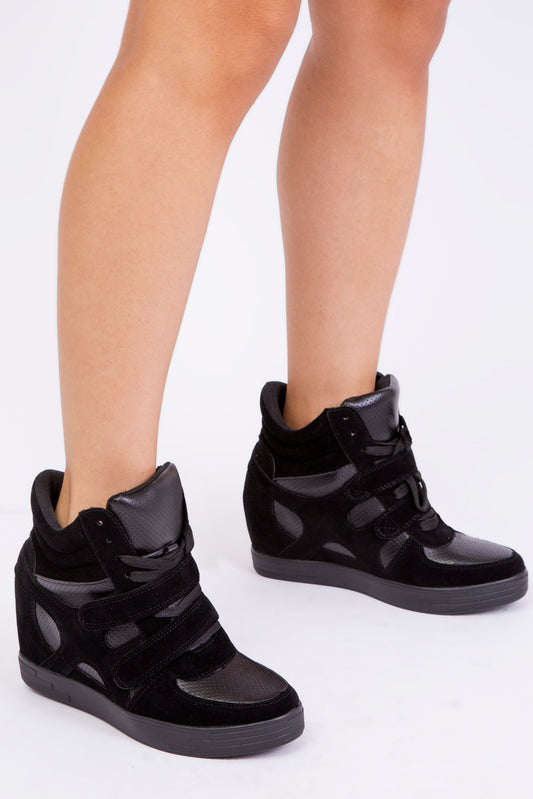 HITOP WEDGE TRAINERS WITH A FRONT LACE UP IN BLACK SUEDE - Popular trends empire
