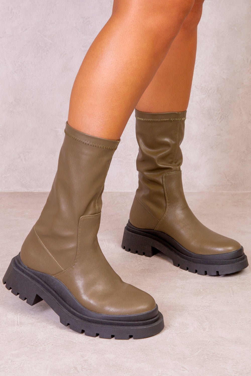 HOLLIE PU ANKLE BOOT WITH CHUNKY HEEL IN KHAKI FAUX LEATHER - Popular trends empire