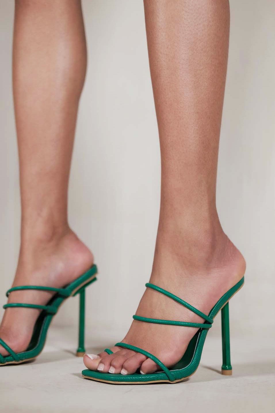 KAILANI STRAPPY SQUARE TOE HIGH HEELS IN JADE GREEN LIZARD - Popular trends empire