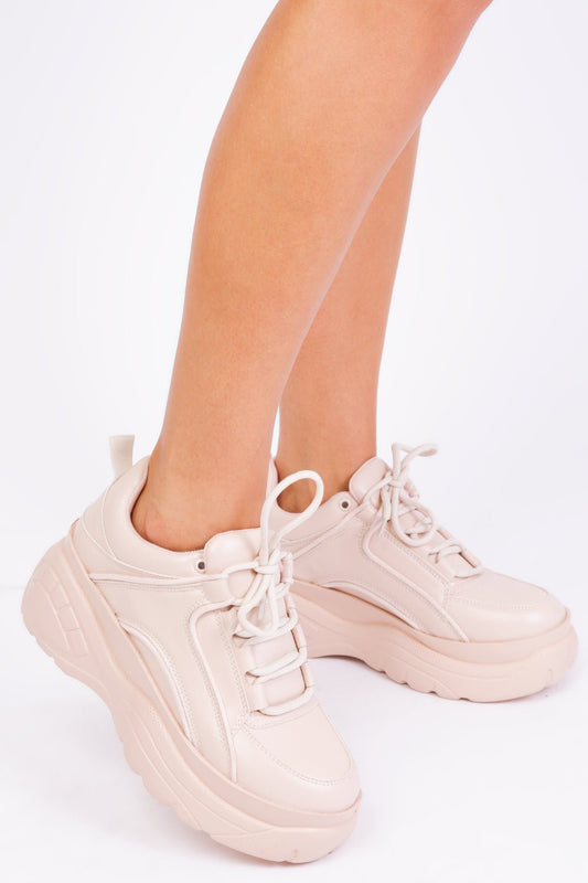 KAYLA CHUNKY TRAINERS IN BEIGE FAUX LEATHER - Popular trends empire