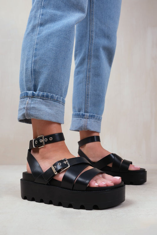 LAYLA BUCKLE STRAP PLATFORM SANDALS IN BLACK FAUX LEATHER - Popular trends empire