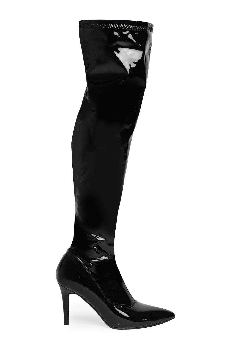 LEXI OVER THE KNEE BOOTS WITH STILETTO HEELS IN BLACK PATENT FAUX LEATHER - Popular trends empire