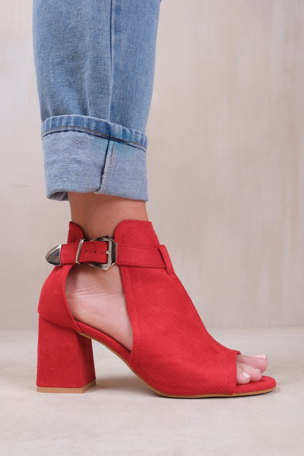 LISA BLOCK HEEL WITH SIDE BUCKLE AND OPEN TOE FRONT IN ROUGE RED SUEDE - Popular trends empire