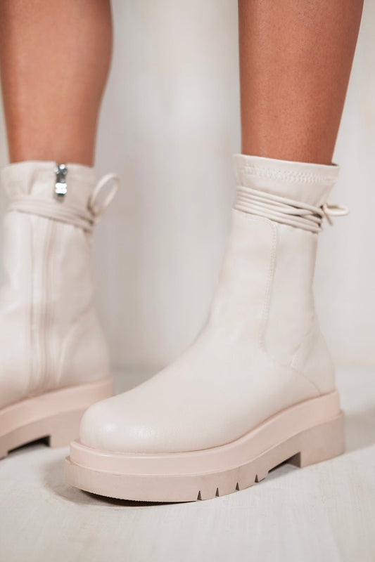 LIZZIE ANKLE ZIP UP BOOT WITH LEG TIE DETAIL IN IVORY CREAM FAUX LEATHER - Popular trends empire