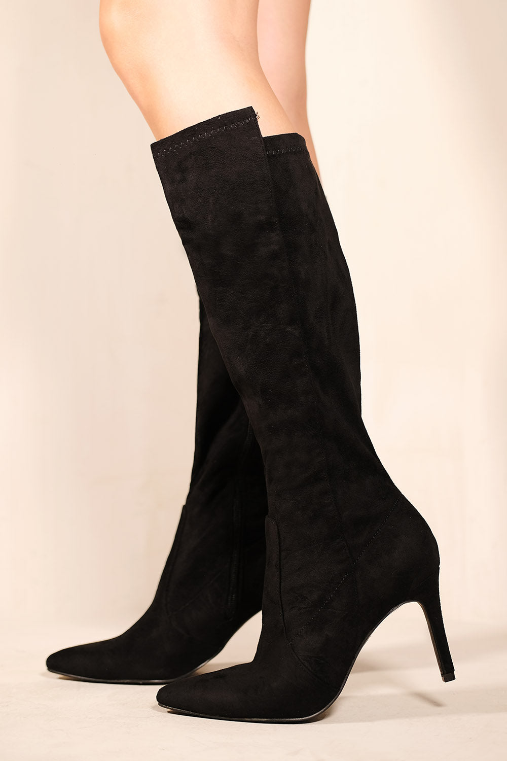 MARTA POINTED TOE CALF HIGH BOOTS WITH SIDE ZIP IN BLACK FAUX SUEDE - Popular trends empire
