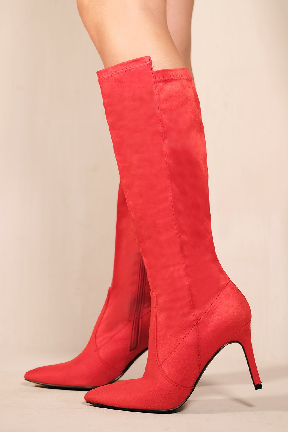 MARTA POINTED TOE CALF HIGH BOOTS WITH SIDE ZIP IN ROUGE RED FAUX SUEDE - Popular trends empire