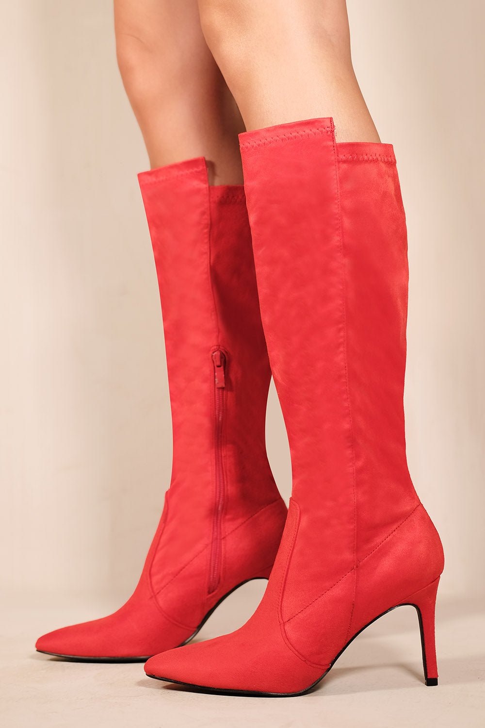 MARTA POINTED TOE CALF HIGH BOOTS WITH SIDE ZIP IN ROUGE RED FAUX SUEDE - Popular trends empire