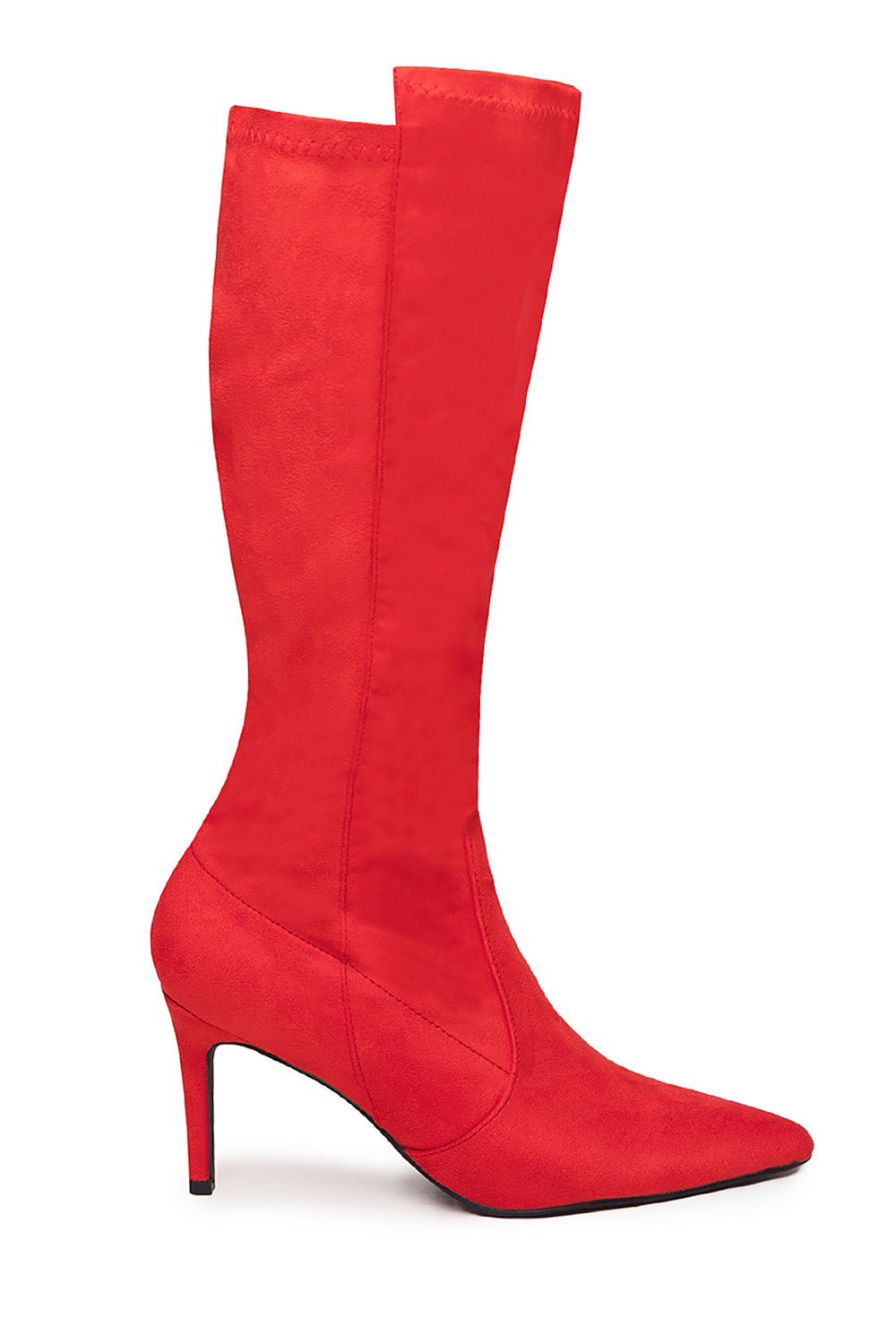 MARTA POINTED TOE CALF HIGH BOOTS WITH SIDE ZIP IN ROUGE RED FAUX SUEDE - Popular trends empire