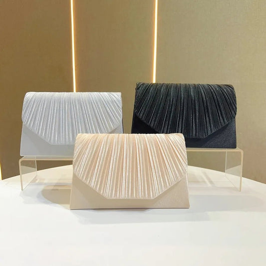 New Fashionable Evening Clutch Bag For Women Wedding Dinner Shoulder Bag Polyester Square Bag With Pleated Design - Popular trends empire