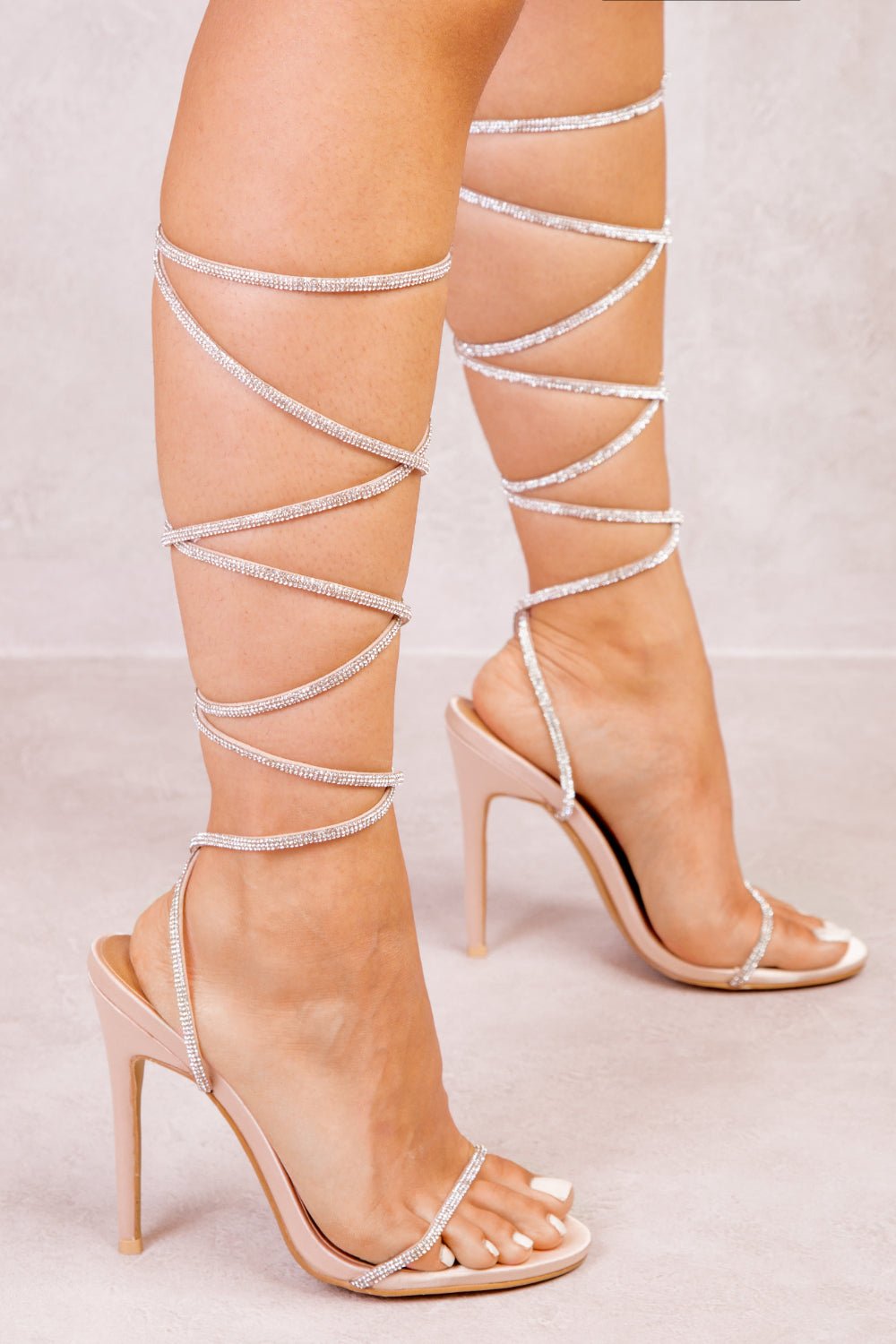 OPHELIA DIAMANTE STRAP LACE UP TIE LEG HIGH HEELS IN CHAMPAGNE GOLD SILK - Popular trends empire